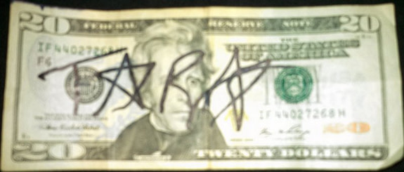 Twenty dollar bill signed by Tara Reid